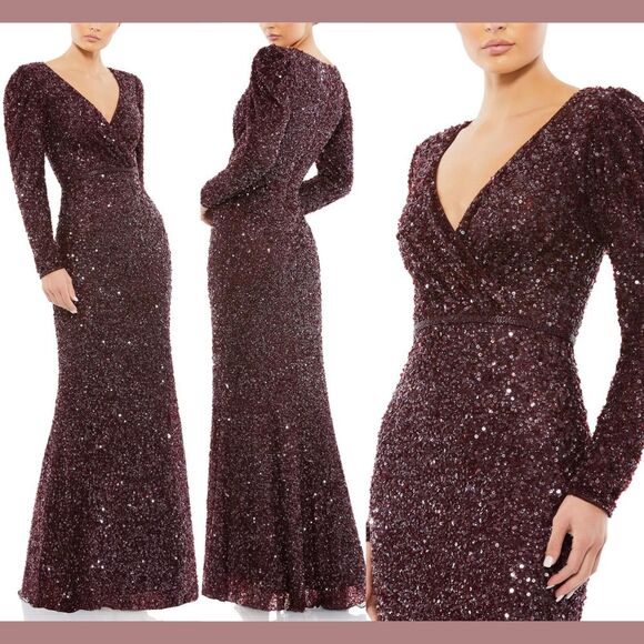 Mac Duggal Dresses & Skirts - NWT Mac Duggal [ 10 ] V Neck Puff Shoulder Sequined Surplice Gown Mahogany J250‎